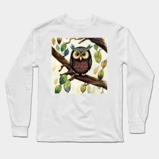 Cute Owl with russet and teal feathers Long Sleeve T-Shirt